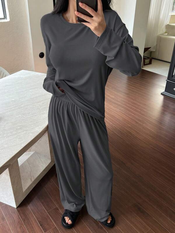 DAZY Minimalist Loose Solid Color Long Sleeve Top And Pants Lounge Set, Fall Winter Clothes, Cozy Outfit