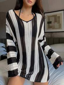 DAZY Suéter suelto casual con escote en V, hombros caídos y mangas largas con rayas, transparente, para otoño/invierno