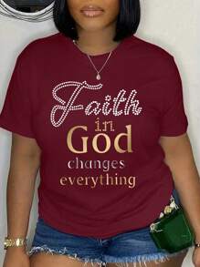 Maweii Plus Size Women's "Faith In God Changes Everything" Letter Print T-Shirt Casual Sports Fashion Short Sleeve Top Streetwear Inspirational Graphic Tees Women Tops, For Summer - Burgundy - View 1