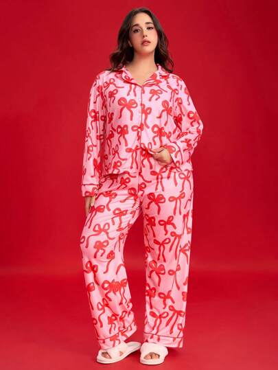 Kawaii Ensemble de pyjama romantique de la Saint-Valentin avec imprimé nœud, manches longues et pantalon, grande taille