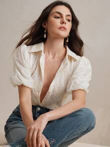 Anewsta Áo kiểu nữ thanh lịch, màu trơn, tay bồng, thêu họa tiết, thích hợp cho mùa xuân và mùa hè. - Màu be - Xem 3