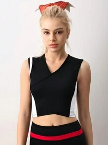 SHEIN Sports Women Colorblock V-Neck Sports Bra - Black and White - View 5