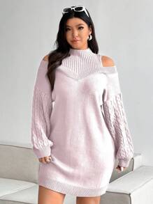 Flirla Popular Plus Size Women Batwing Sleeve Cozy Soft Gray Knit Turtleneck Asymmetric Sweater Dress, Sexy Details For Winter