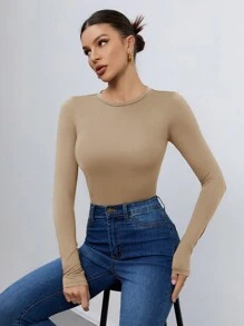 SHEIN Tall 女款三件組圓領休閒修身純色長袖T恤套裝，適合春、秋、冬季，高個女性適用 - 彩色 - 查看 8