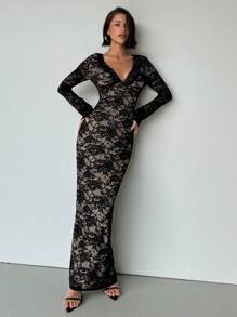 Aloruh 女式超长蕾丝袖紧身连衣裙，休闲时尚，适合日常穿着 女士春装 舞会礼服 复活节沙滩装 夏季礼服 套装 可爱休闲婚礼毕业礼服 节日礼服 狂欢节礼服 节日婚礼宾客礼服 女士礼服 商务休闲生日礼服 俱乐部礼服 女士性感沙滩装 波西米亚风格舞会礼服 新娘派对礼服 性感节日礼服 伴娘礼服 教师海滩度假优雅礼服 老钱茶会礼服 黑色超长礼服 V 领蕾丝 - 黑色 - 查看 6