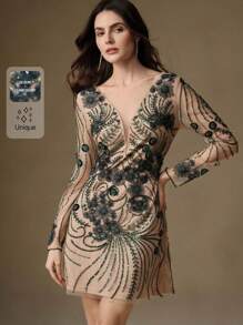 Anewsta Women Short Embroidery & Sequin Decor Long Sleeve Dress - Dark Green - View 1