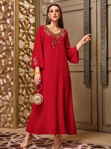 Al Najma Women's Red Round Neck Flare Sleeve Elegant Embroidered Rhinestone Arabic Style Dress, Modest Kaftan - Red - View 6