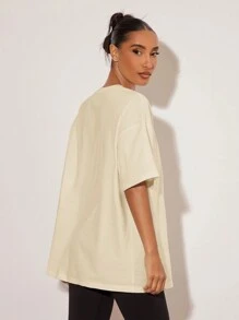 SHEIN BASICS 女士纯色圆领短袖休闲 T 恤，适合日常穿着 - 杏色 - 查看 2