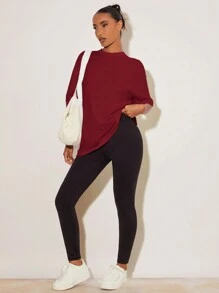 SHEIN BASICS 女士纯色休闲简约时尚 T 恤适合日常穿着 - 酒紅色 - 查看 5