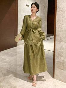 DAZY Women 2pcs Set Elegant Solid Color Long Sleeve Top And Skirt Summer - Green - View 6