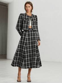 Aveloria Modichic Women's Front Button Long Sleeve Pocket Plaid Casual Blouse And Skirt 2 Pieces Set