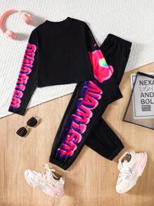 SHEIN Tween Girls Casual Round Neck Long Sleeve Printed Top And Pants Set