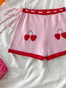 Soleia 2 件套时尚海滩度假拼色上衣和樱桃图案针织毛衣短裤，情人节服装，沙滩装