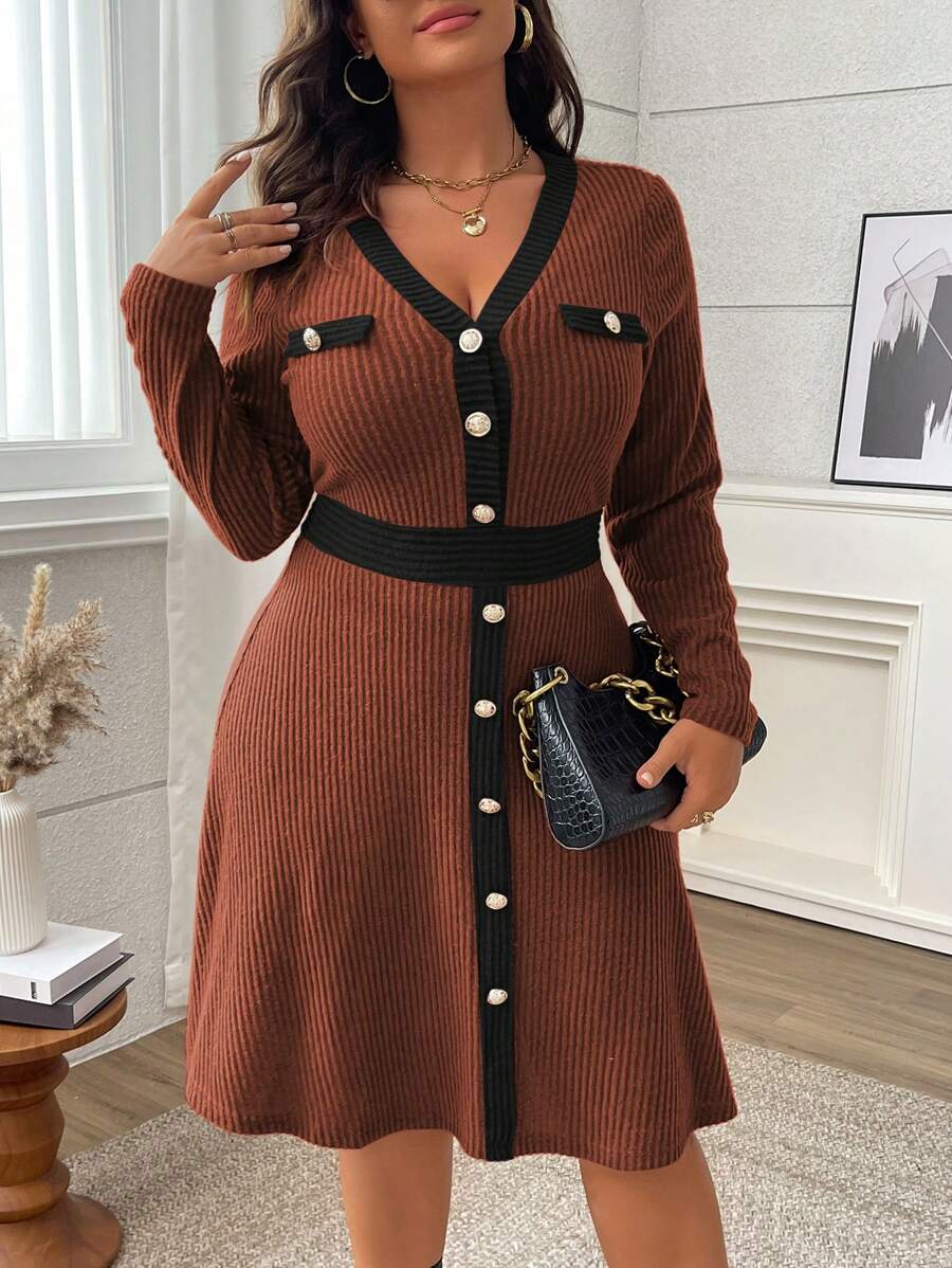 Flirla Vestido casual de manga larga con cuello en V y silueta evasé, talla grande, simple y de moda para uso diario