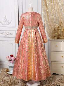 Tween Girl Classic Traditional Conservative Long Dress, Round Neck Long Sleeve Pink And Gold Floral Pattern - Pink - View 4