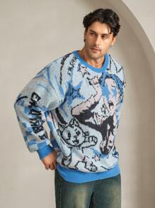 Manfinity EMRG Plus Size Men's Round Neck Long Sleeve Graphic Detail Casual Pullover Sweater