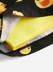 SHEIN Young Boy Casual Vacation Style Cute Duck Swimming Print Relaxed Woven Lining Patchwork Solid Color Tight Knit Beach Shorts/Swimtrunks Suitable For Outdoor Travel, Vacation, Swimming, Sports - Multicolor - View 3