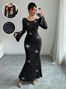 SHEIN Unity Women Glitter Fabric Tied Back Flared Sleeve Fishtail Waist Elegant Maxi Dress Outfit, For New Year - Black - View 1