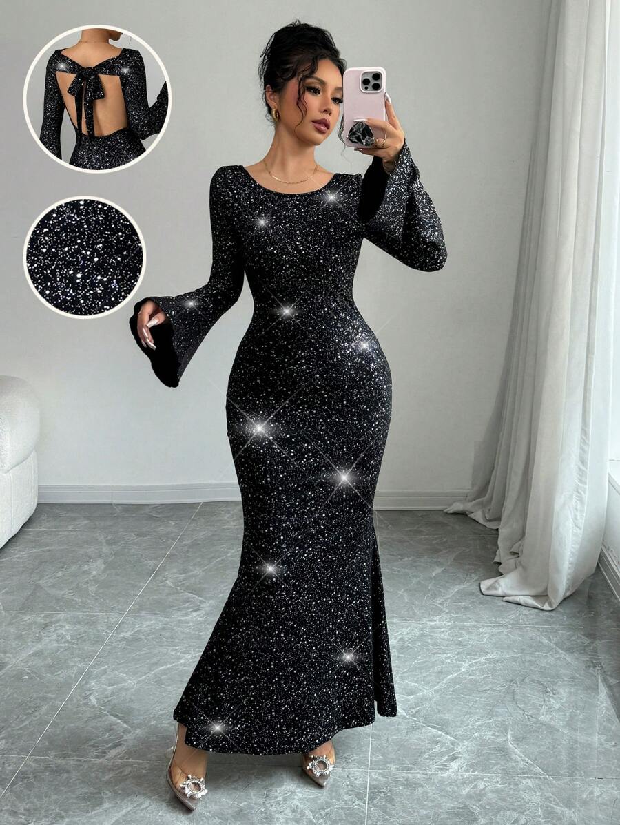SHEIN Unity Women Glitter Fabric Tied Back Flared Sleeve Fishtail Waist Elegant Maxi Dress Outfit, For New Year - Black - View 1