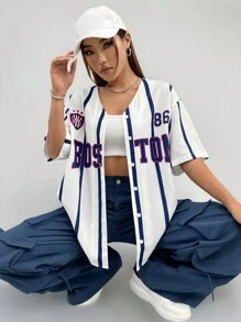 Coolane Women's Sport Letter Graphic Striped Drop Shoulder Baseball Jersey Shirt