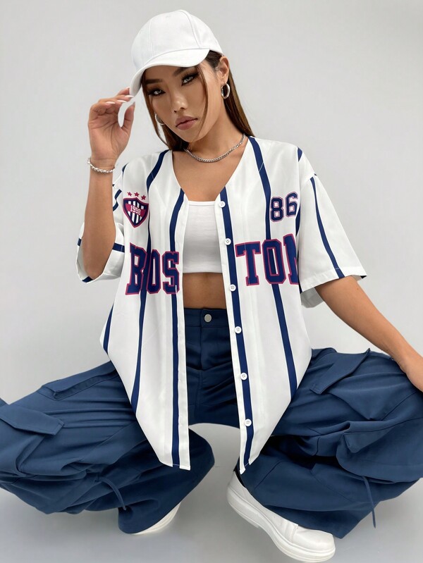 Coolane Women's Sport Letter Graphic Striped Drop Shoulder Baseball Jersey Shirt