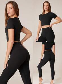 GLOWMODE 2 Pieces 24" FeatherFit™ Freedom Activewear  Short Sleeves Tee & Leggings Set With Hidden Front Pocket Low Impact Yoga Pilates Daily - Black - View 10