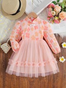 SHEIN Young Girl Festival Elegant Pink Patchwork Ditsy Floral 3D Embellished Mesh Cake Dress, Vintage Chinese Style Hanfu Princess Dress, Suitable For Spring, Sweet Girl, For New Year - Orange - View 7