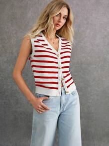 Poéselle Women Casual Striped Pattern Sleeveless Cardigan Sweater Winter Women Outfits Women Cardigan Stripe Effortless Chic Essential