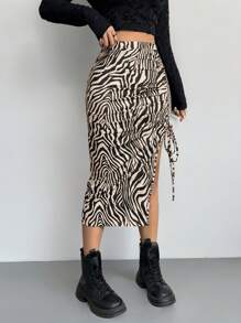 SHEIN Tall CURVE Plus Size Women Music Festival Outfits Zebra Print Side Drawstring Slit Hem Skirt