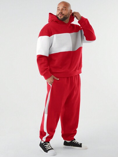 Manfinity NXTstreet 2pcs Plus Size Men's Casual Elastic Hooded Sweatshirt & Sports Pants Suit