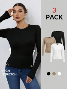 SHEIN Tall 女款三件組圓領休閒修身純色長袖T恤套裝，適合春、秋、冬季，高個女性適用 - 彩色 - 查看 2