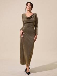 RueChic Glamorous Shinny Gold Lurex Cowl Neck Long-Sleeve Maxi Dress