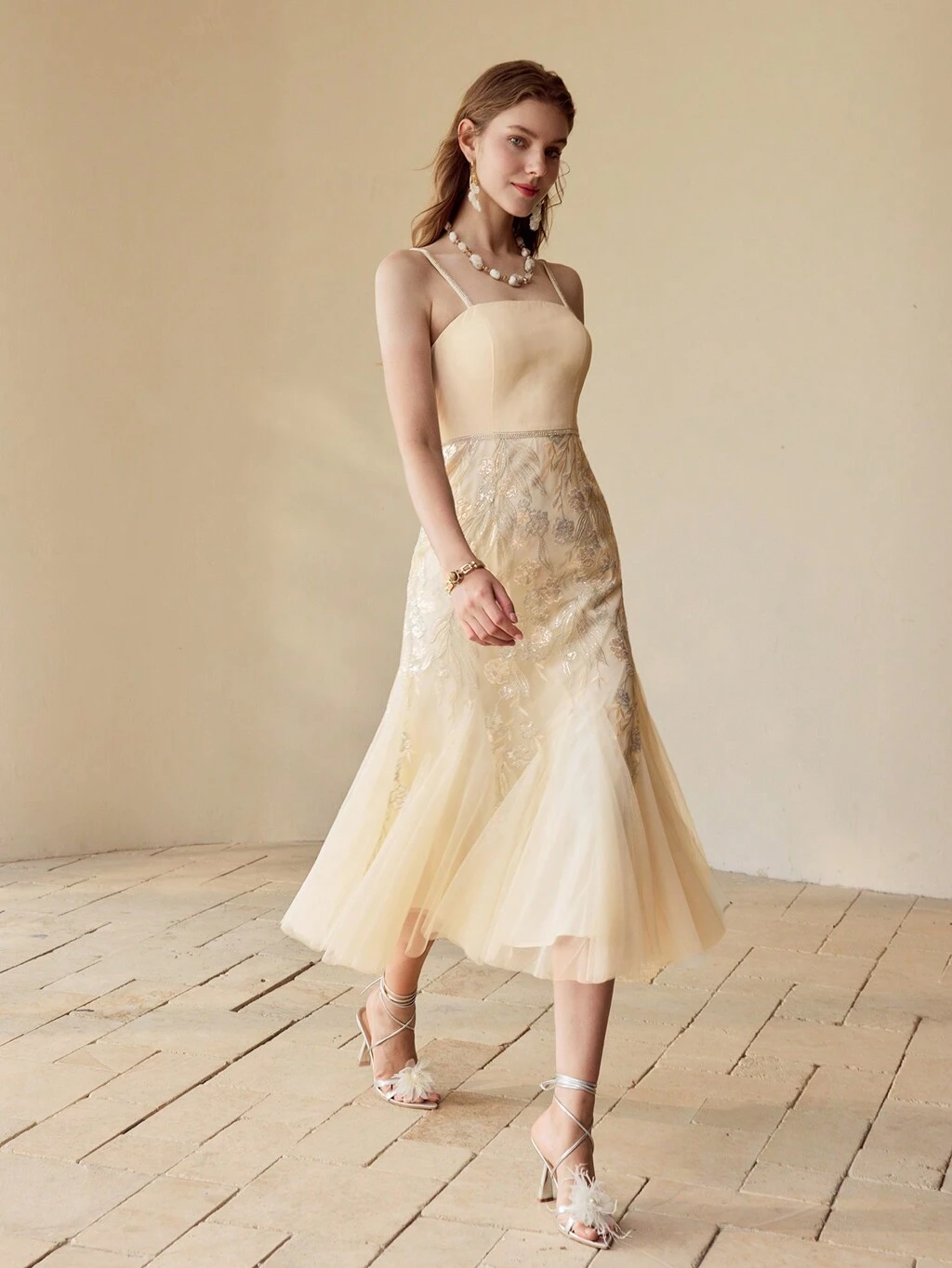 SEQUIN EMBROIDERY CONTRAST MESH MERMAID HEM DRESS