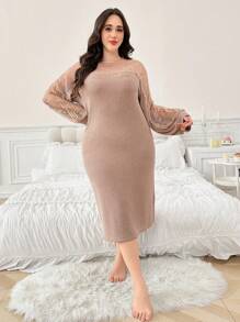 Off Shoulder Lace Splicing Long Sleeve Nightgown, Plus Size, Convertible Design - Brown - View 4