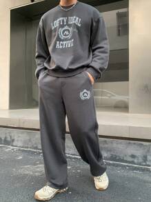 DAZY 2pcs Men's Letter Print Sweatshirt And Straight Leg Sweatpants Set,Fall Clothes