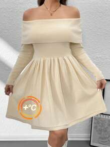 SHEIN Privé Plus Size Women Elegant Off Shoulder Long Sleeve A-Line Sweater Dress, Casual Stylish Autumn Ballet Style Flared Hem Short Dress Beige - Apricot - View 6