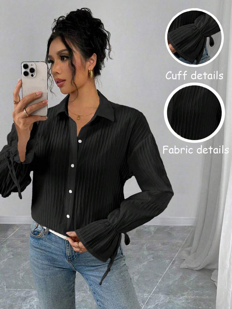 Chiquease Hauts blouse noire à manches longues pour femmes, avec volants, nœud papillon, rayures verticales élégantes blanches et poignets élastiques. Idéal pour les lieux de villégiature ou le bureau, au printemps/automne