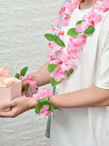 SHEIN 4pcs/Set Hawaiian Flower Lei Set (Random Patterns) Includes Lei Necklace, Headband, Bracelet, Festive Beach Accessories