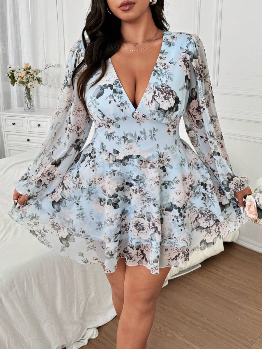 Flirla Fresh Floral Print Chiffon Plus Size Women Dress, V-Neck Lantern Sleeve Double Layer Waist Fit Casual Dress - Multicolor - View 1