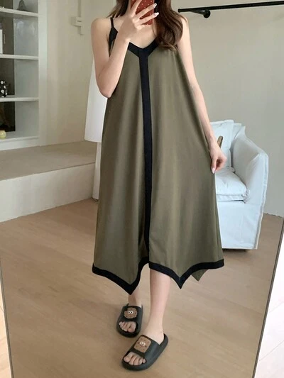 Sleeveless Contrast Color Strap Loose Soft Women's Home Dress Pajama