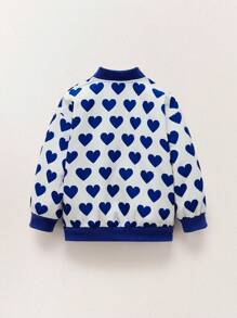 THE HAPPY LOOK Blue Heart Print Drop Shoulder Long Sleeve Jacket, Casual Style For Young Girls