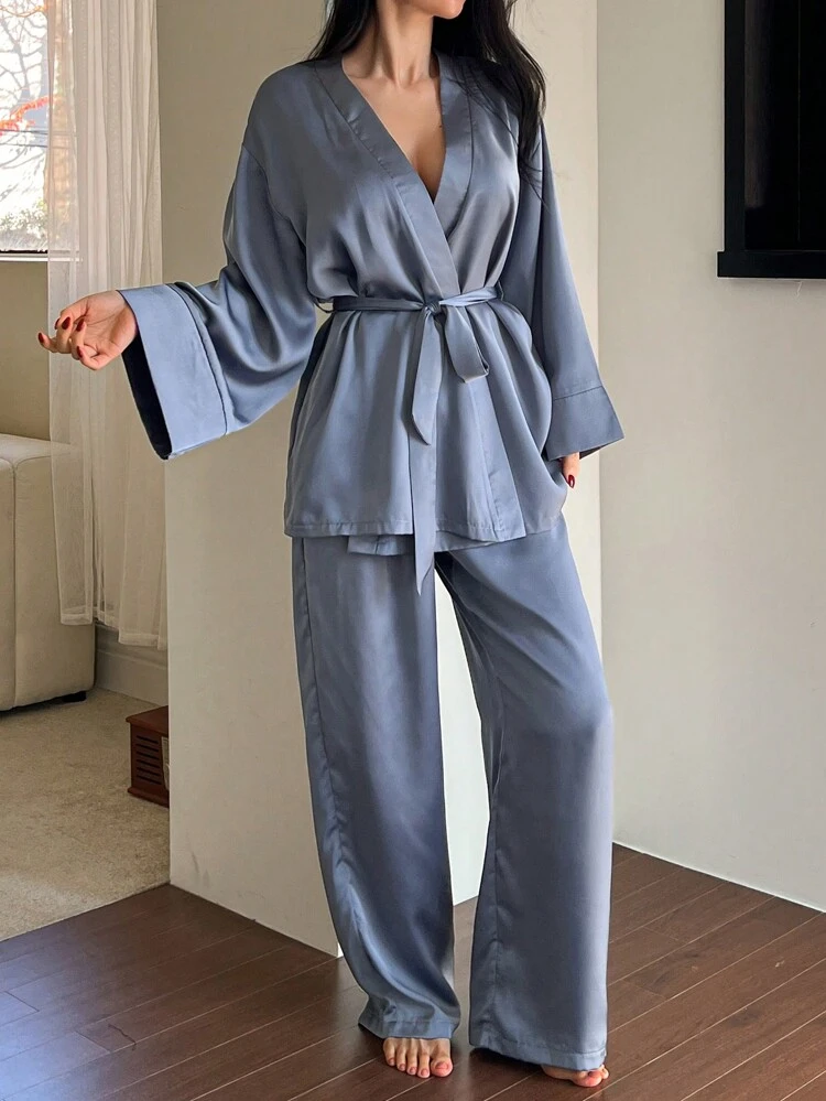 Lightweight Satin Belted Robe & Pants Sleepwear Pajama Set, Minimalist & Elegant, Spring/Summer, Fall Winter Clothes Pajama