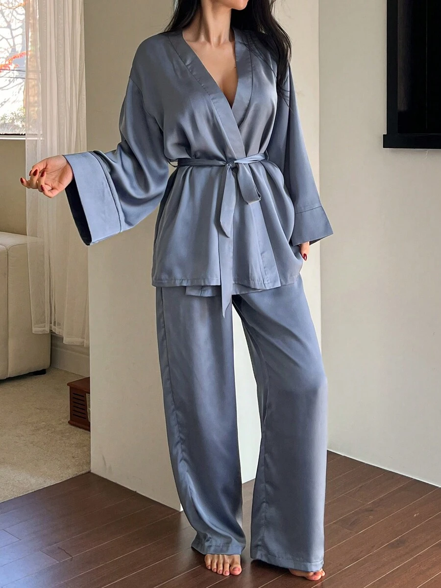 DAZY Lightweight Satin Belted Robe & Pants Sleepwear Pajama Set, Minimalist & Elegant, Spring/Summer, Fall Winter Clothes Pajama - Blue - View 1