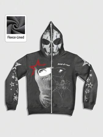 Street Life Herren lässige Fleece-Hoodie mit offenem Schnitt, Skull- und Grafikdruck