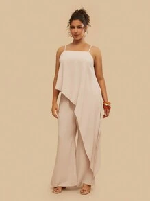 Travachic Plus Size Casual Vacation Solid Color Camisole With Asymmetric Hem Top And Wide Leg Pants Set - Apricot - View 6