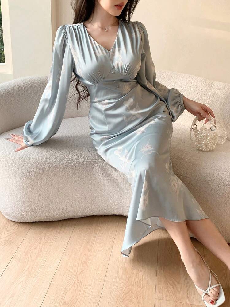 Full Floral Print V-Neck Puff Sleeve Mid-Length Dress For Women Elegant,Formal Women Dresses,Fall Dress Long Sleeve Dress Maxi Dress
