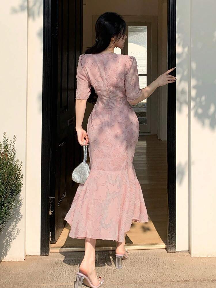 Lace V-Neck Puff Sleeve Mermaid Midi Dress For Women Elegant,Dress For Wedding Floral