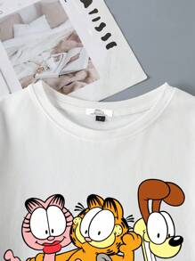 GARFIELD X SHEIN Women's Casual Loose Round Neck Cat Print Short Sleeve T-Shirt Suitable For Summer
