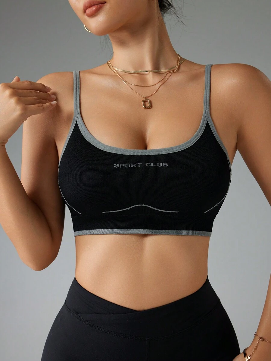 Gameset SHEIN Sport Áo ngực thể thao thường ngày liền mạch in chữ cho nữ - màu đen - Xem 1