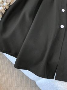 SHEIN LUNE Plus Size Women Solid Color Handmade Rhinestone Short Sleeve Open Front Casual Elegant Party Shirt - Black - View 8
